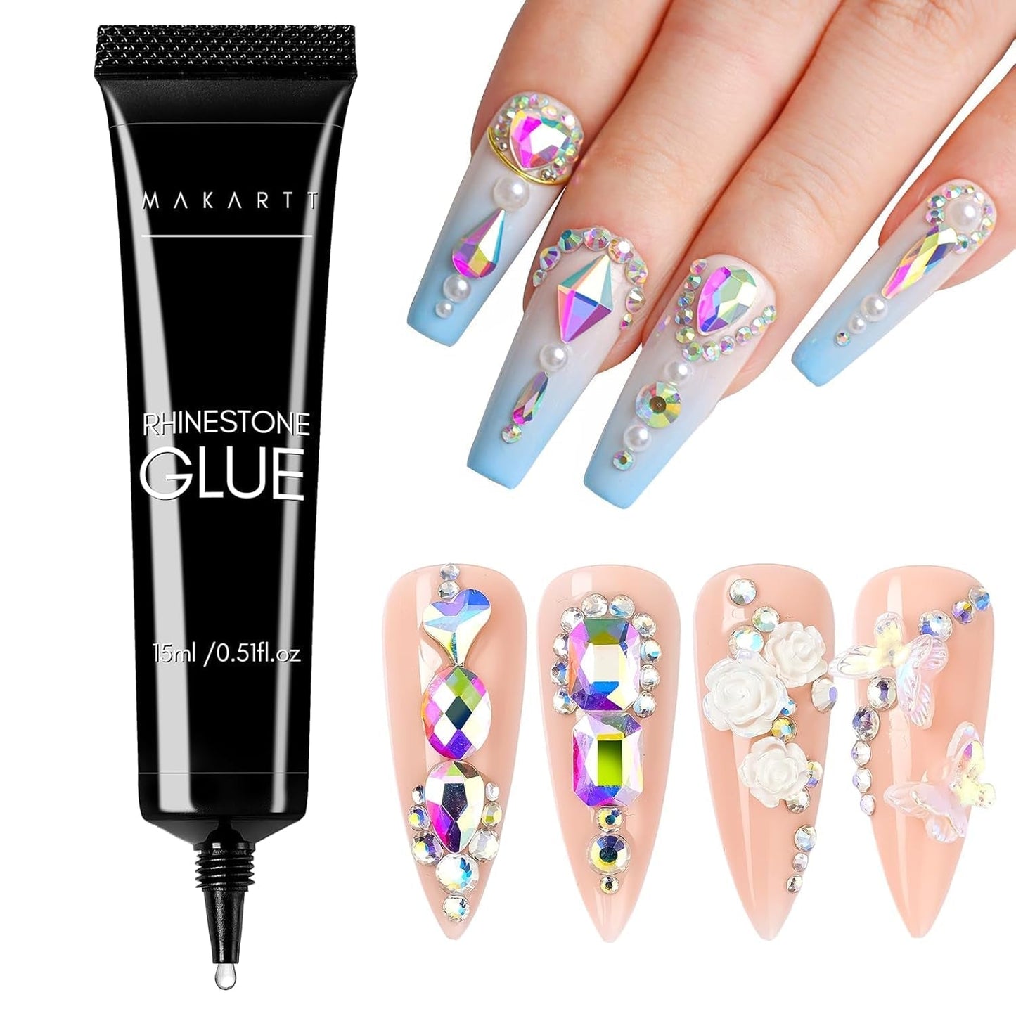 Makartt Gel adesivo per strass - Set di colla UV per unghie da 15 ml con ciondoli per unghie rosa Cuore Cerchio Gioielli per unghie e accessori per design delle unghie per manicure domestica Regalo di San Valentino
