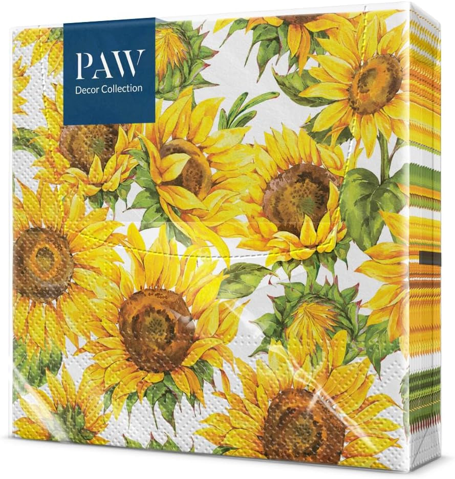 PAW - Tovaglioli 3 Veli (33 X 33 Cm) I 20 Pezzi I Perfetti per Compleanni, Feste, Appuntamenti I Decorazioni per la Tavola Autunnali I Tovaglioli di Carta Colorati - Petali Gialli Girasole I Girasole Danzante