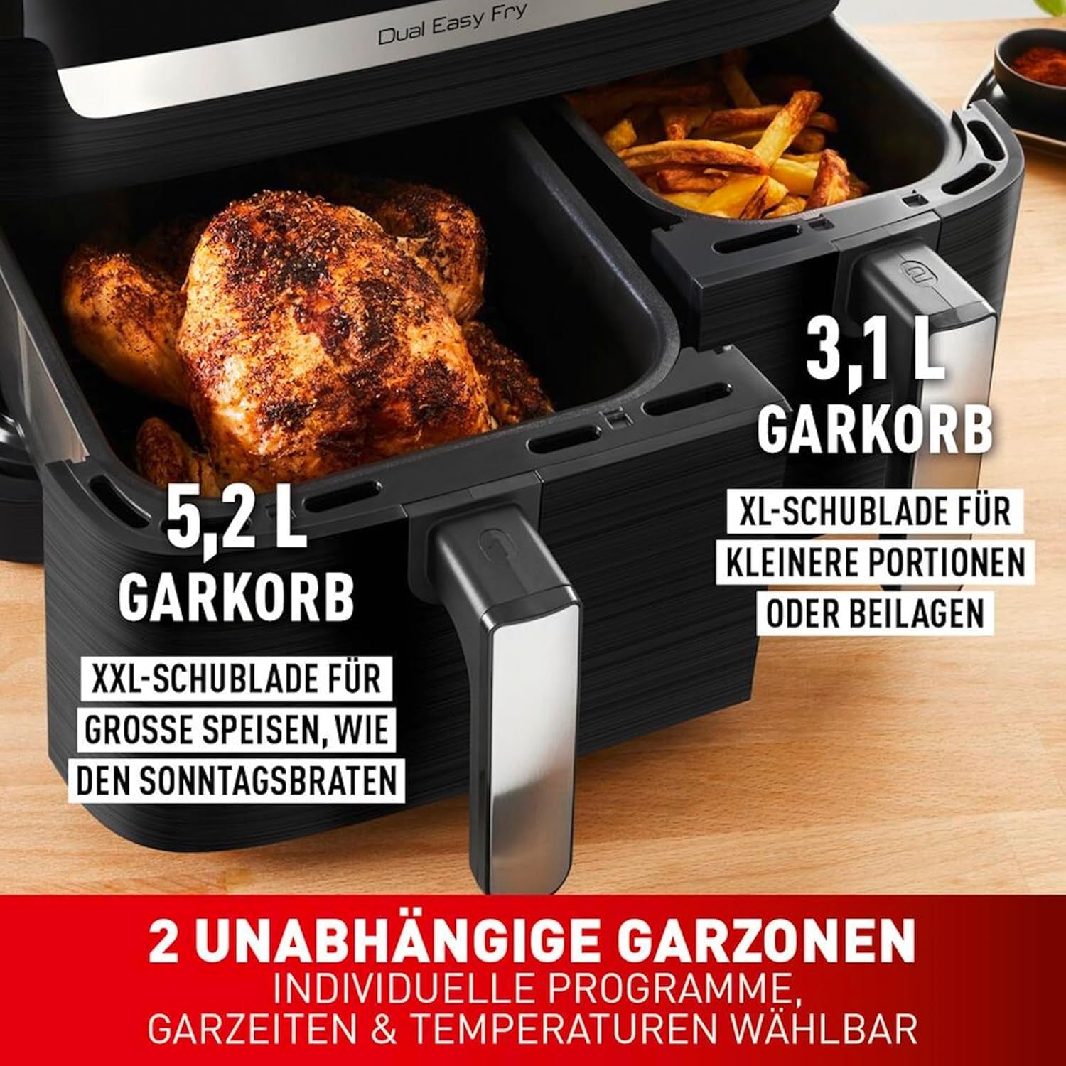Friggitrice ad aria calda Tefal Dual Easy Fry con due camere, capacità 5,2/3,1 litri, due cassetti indipendenti, 7 programmi Elettrodomestici Naty Shop