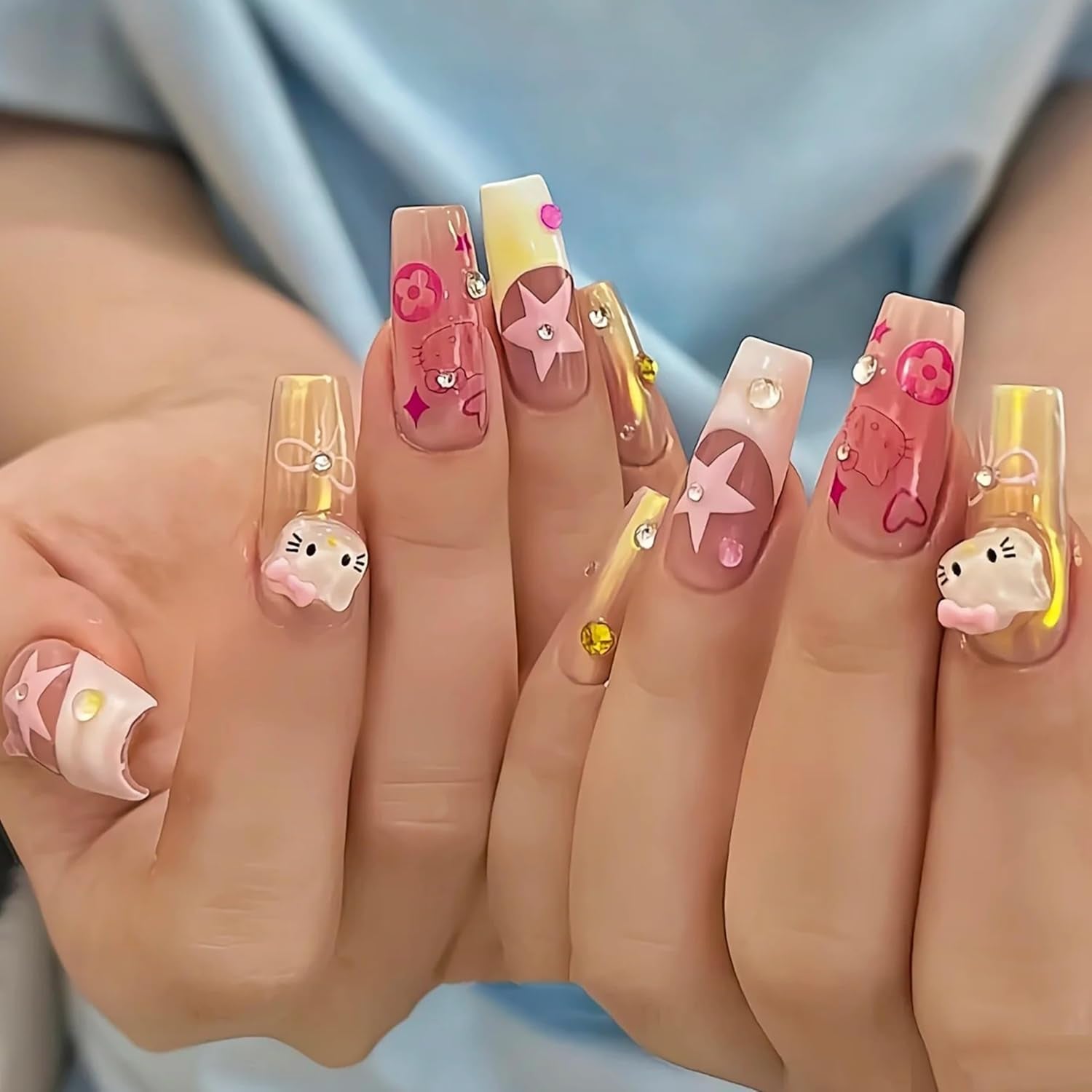 Adesivi per unghie gatto 3D, glitter per unghie, paillettes, adesivi per unghie in resina, gemme per unghie, diamanti per nail art, incluso bastoncino di cera per unghie con strass (Gatto colorato)
