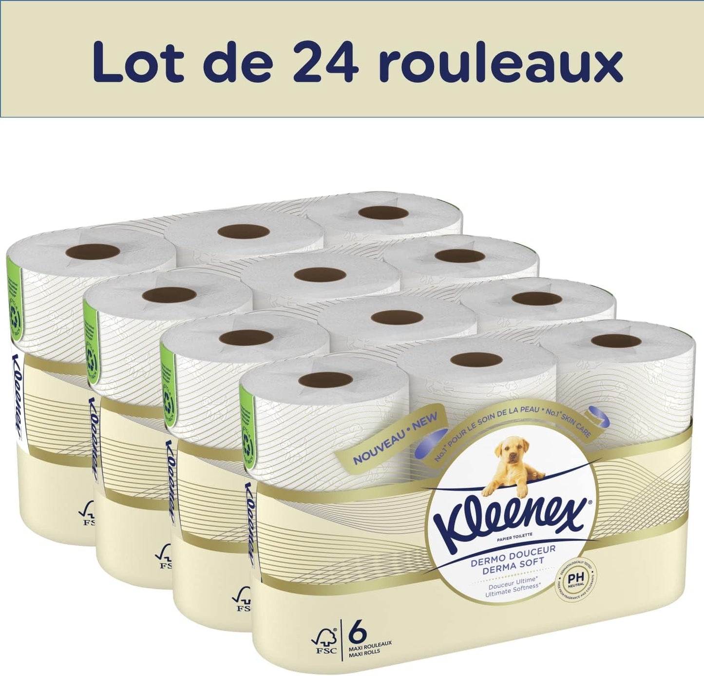 KLEENEX Dermo Douceur 4230420 Carta igienica, 24 rotoli (4 X 6 rotoli) bianco, 24 Unité (lotto di 6)