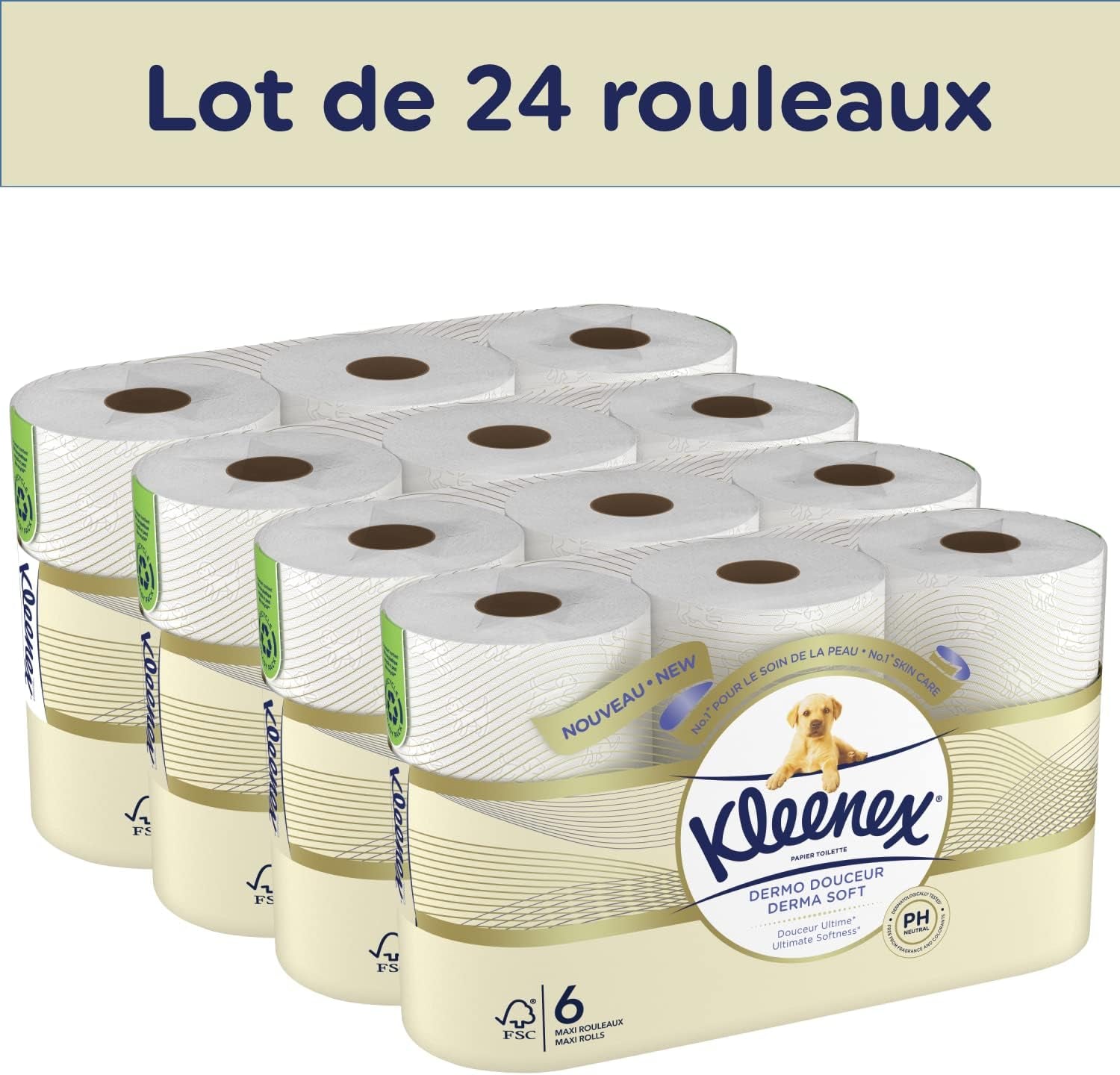 KLEENEX Dermo Douceur 4230420 Carta igienica, 24 rotoli (4 X 6 rotoli) bianco, 24 Unité (lotto di 6)