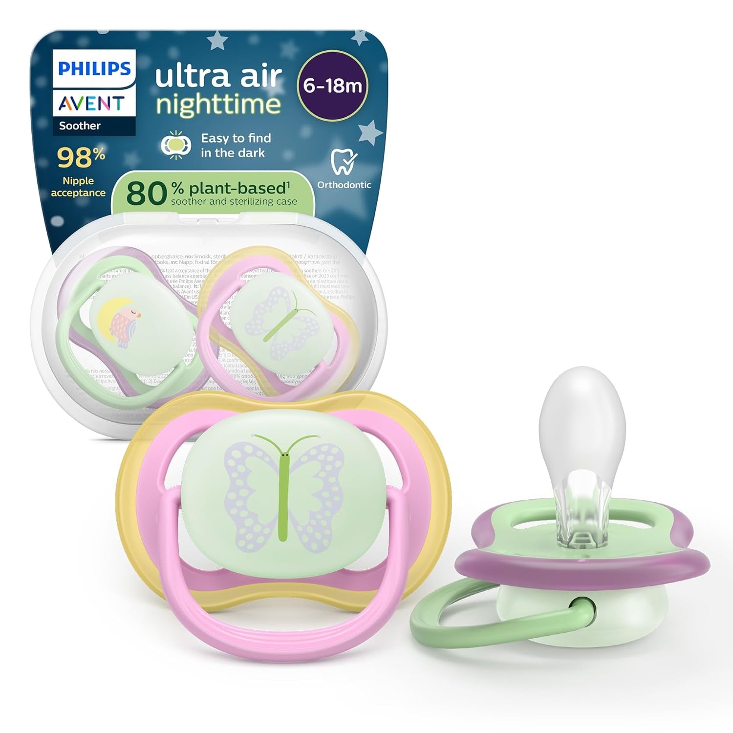 Succhietti Philips AVENT ultra air - confezione da 4 succhietti traspiranti senza BPA per bambini 6-18 mesi, inclusa custodia per il trasporto e sterilizzazione, modello tartaruga/balena (modello SCF085/66)