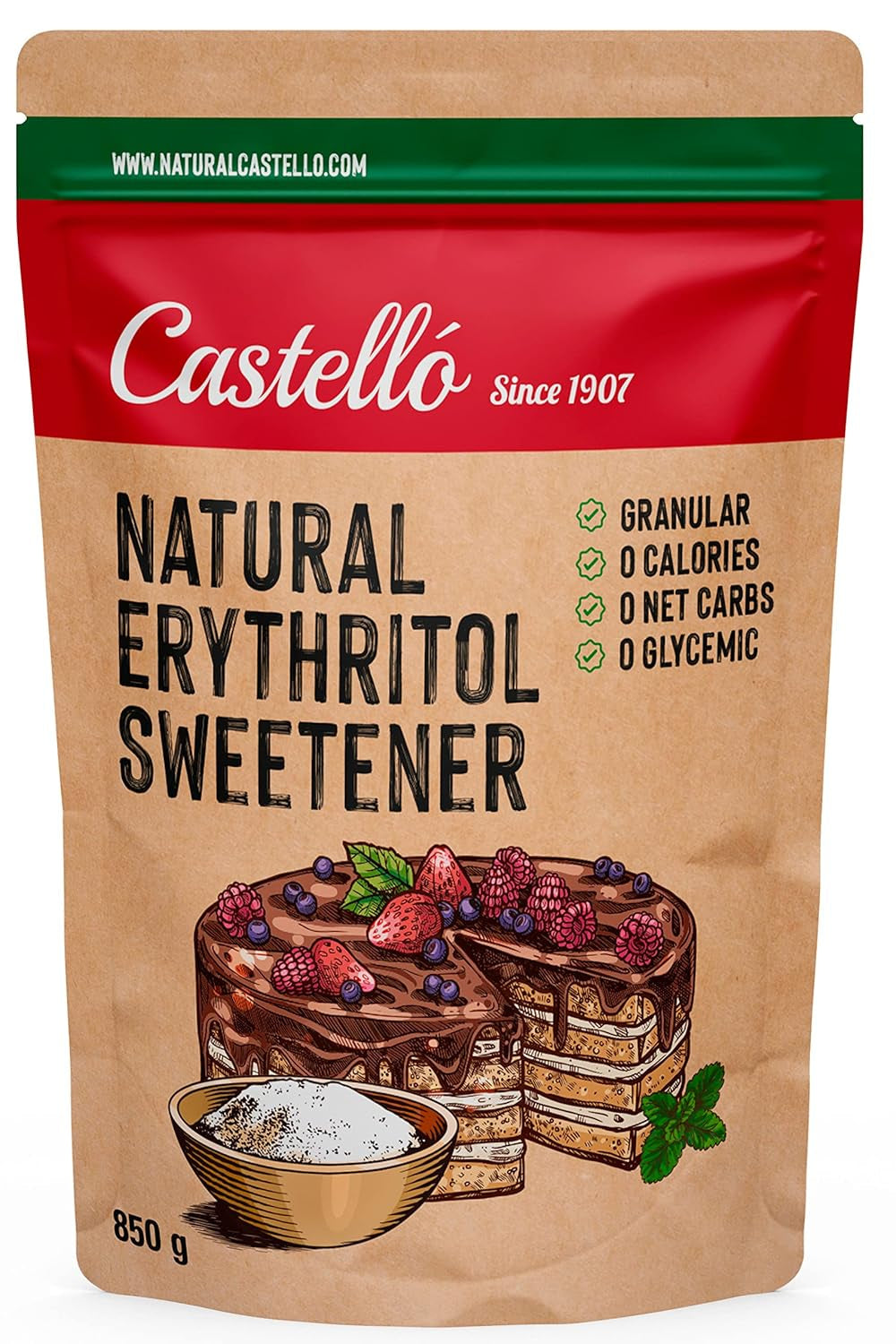 Natürliches Erythrit - Zucca di cristallo | 10G = 7GZucker | Natürlicher Zuckerersatz - 0 Kalorien - 0 Glykämischer Index - Keto Und Paleo - 0 Netto-Kohlenoidrato - Kein GVO - Castello since 1907-1Kg Dolcificanti Naty Shop 850 G (1Er Pack)