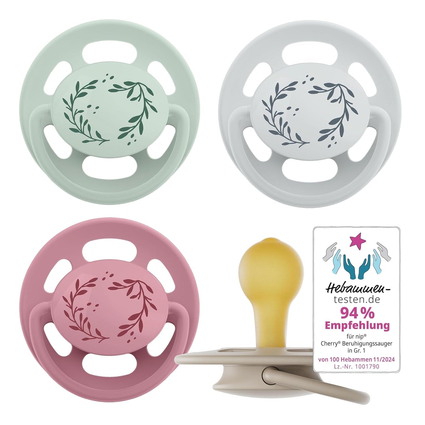 nip - Verde Ciliegia | 0-6 mesi | Confezione da 4 | Suzeta per bebeluși, potenza per alaptare e per loro. Tessuto sostenibile, realizzato in materiale naturale, verde scuro/marrone
