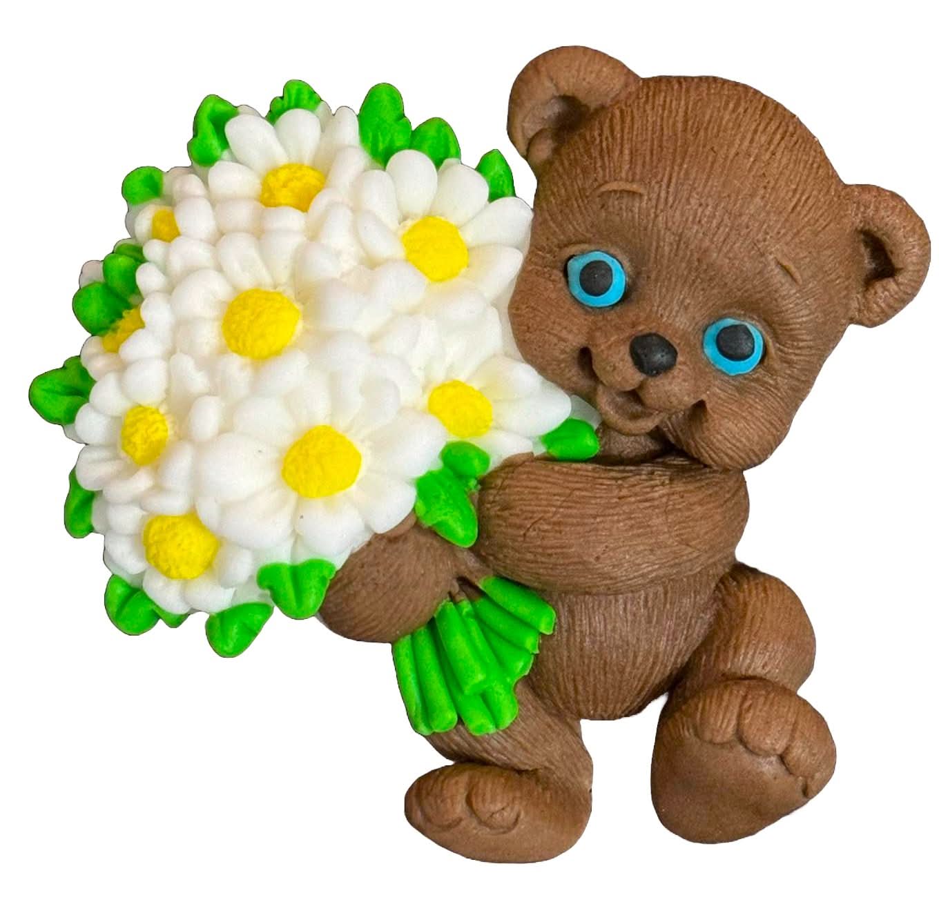 Decorazione in zucchero commestibile, orsetto con mazzo di fiori Decorazioni in Pasta di Zucchero Nati Shop