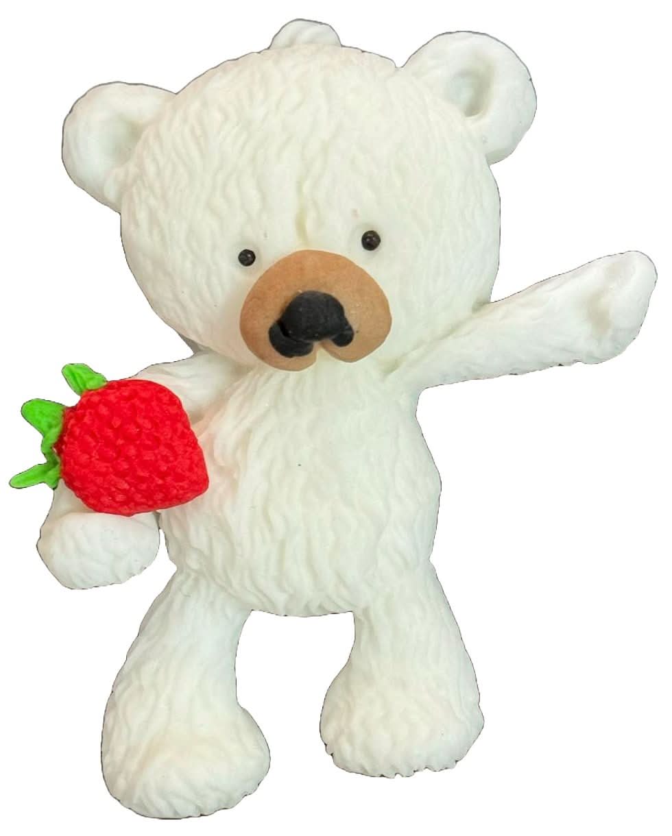Decorazione in zucchero commestibile, Orsetto con fragole Decorazioni di Pasta di Zucchero Nati Shop