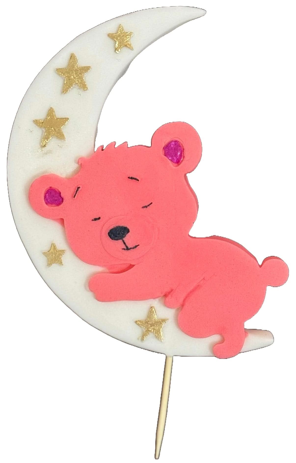 Decorazione in zucchero commestibile, Orsetto rosa sulla luna Decorazioni in pasta di zucchero Nati Shop