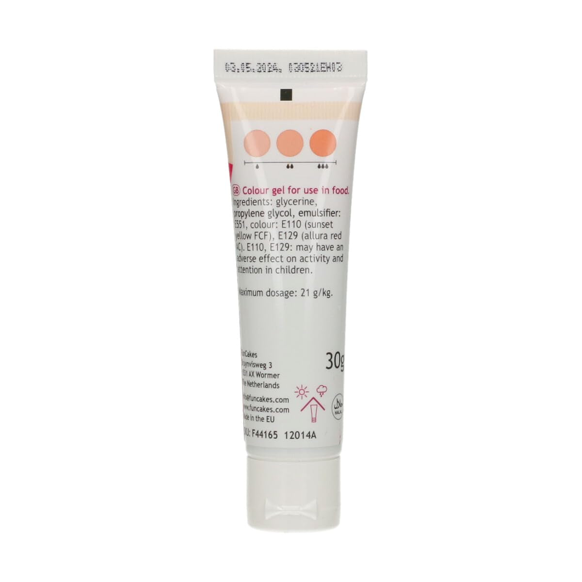 Colorante alimentare Funcakes Peach Gel: colorante alimentare altamente concentrato per pasta, panna, fondente e marzapane. Dosaggio facile. Una sola goccia per creare colori vivaci. Halal. 30 g.