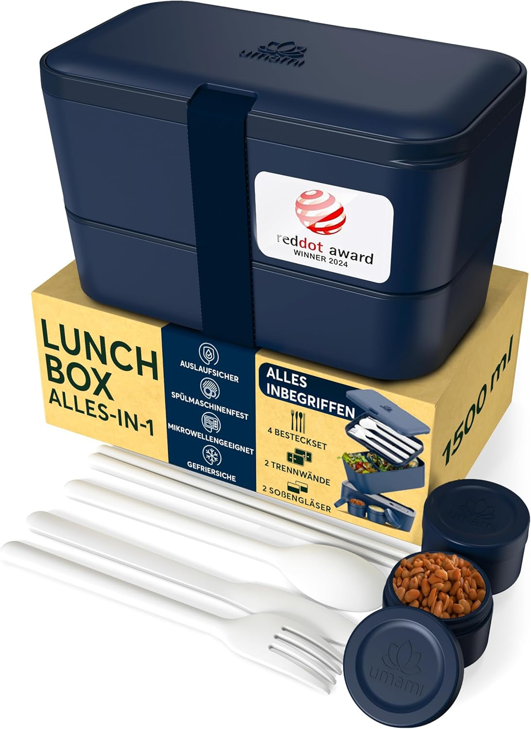 Portapranzo Umami per adulti, Bento Box impilabile a tenuta stagna con 4 posate e scomparti, Portapranzo per adulti, Contenitore per insalata da asporto, Portapranzo da picnic/ufficio, Grigio antracite, 1500 ml
