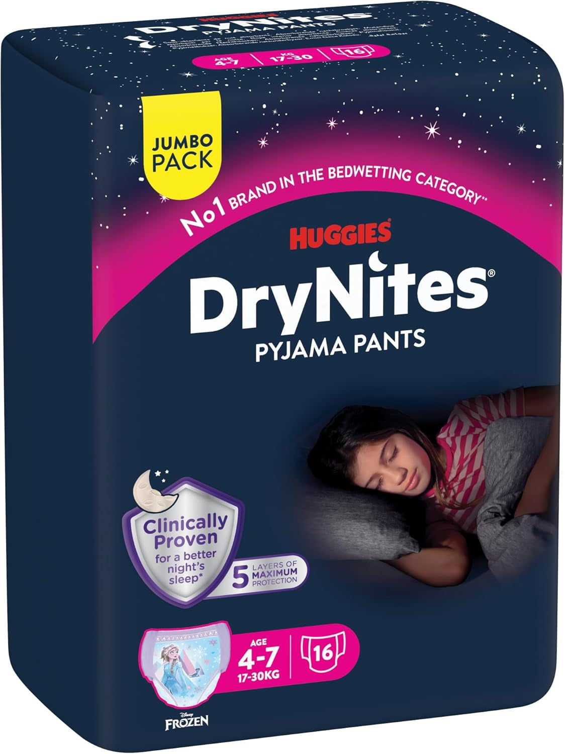 Huggies DryNites Pannolini notturni super assorbenti per ragazze 4-7 anni, 4 x 16 pannolini (64 pezzi), confezione mensile
