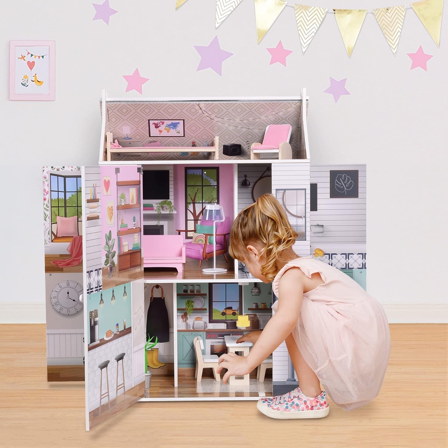 Olivia's Little World Dreamland Casa delle bambole interattiva in legno a 3 livelli con 13 accessori per mobili per bambole Bianco TD-13632A