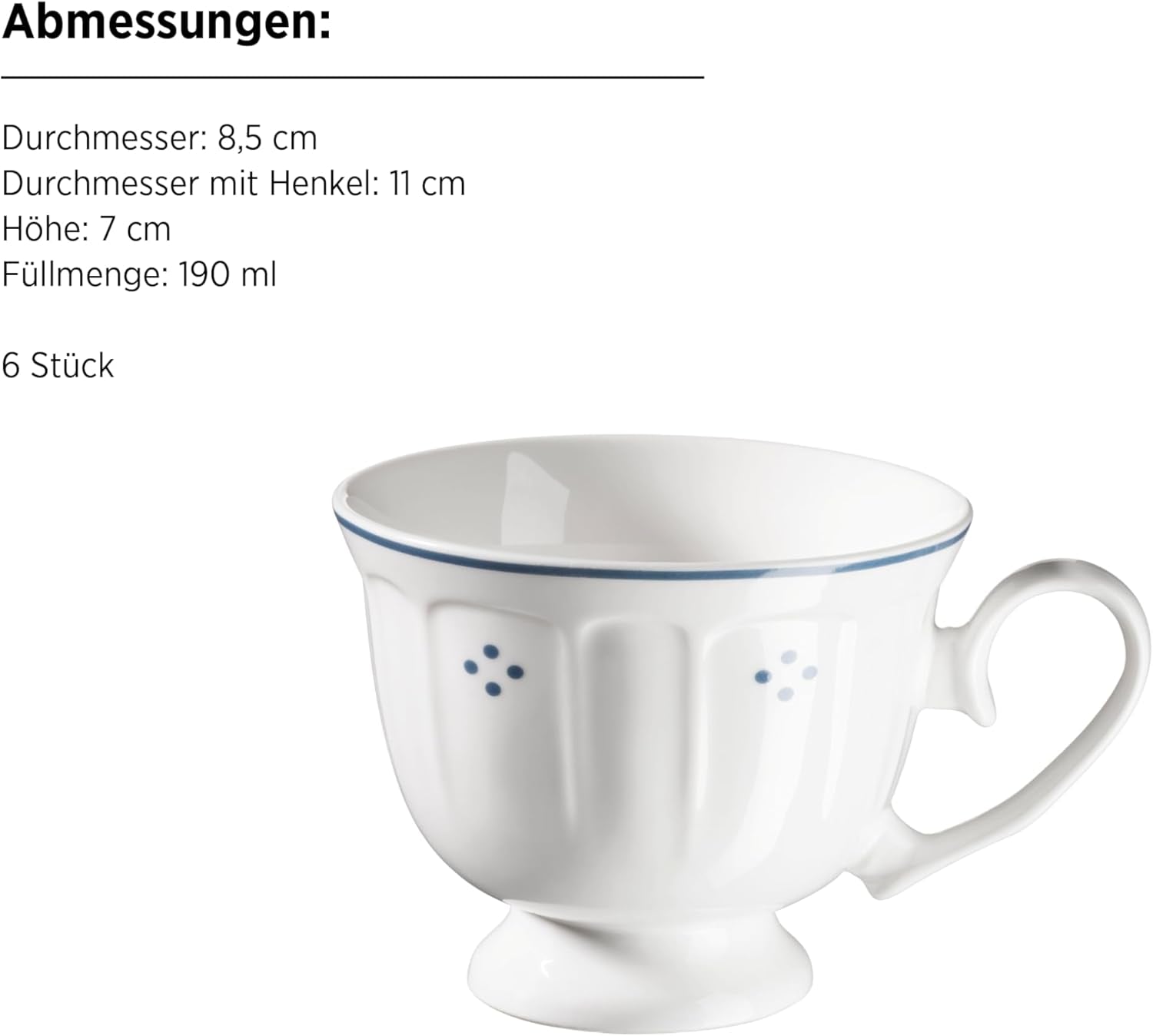 Servizio da caffè in porcellana serie Mäser Lova da 18 pezzi - 6 piatti da dessert (19,5 cm), 6 tazze (19 cl) e 6 piattini (15,5 cm), blu