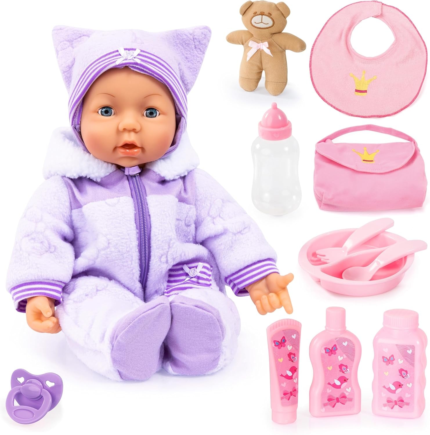 Bayer Design 94694AG 94694AA, Bambola funzionale, Piccolina Magic Eyes, bambola interattiva, muove la bocca, batte le palpebre e chiude gli occhi, parla, viola, 46 cm