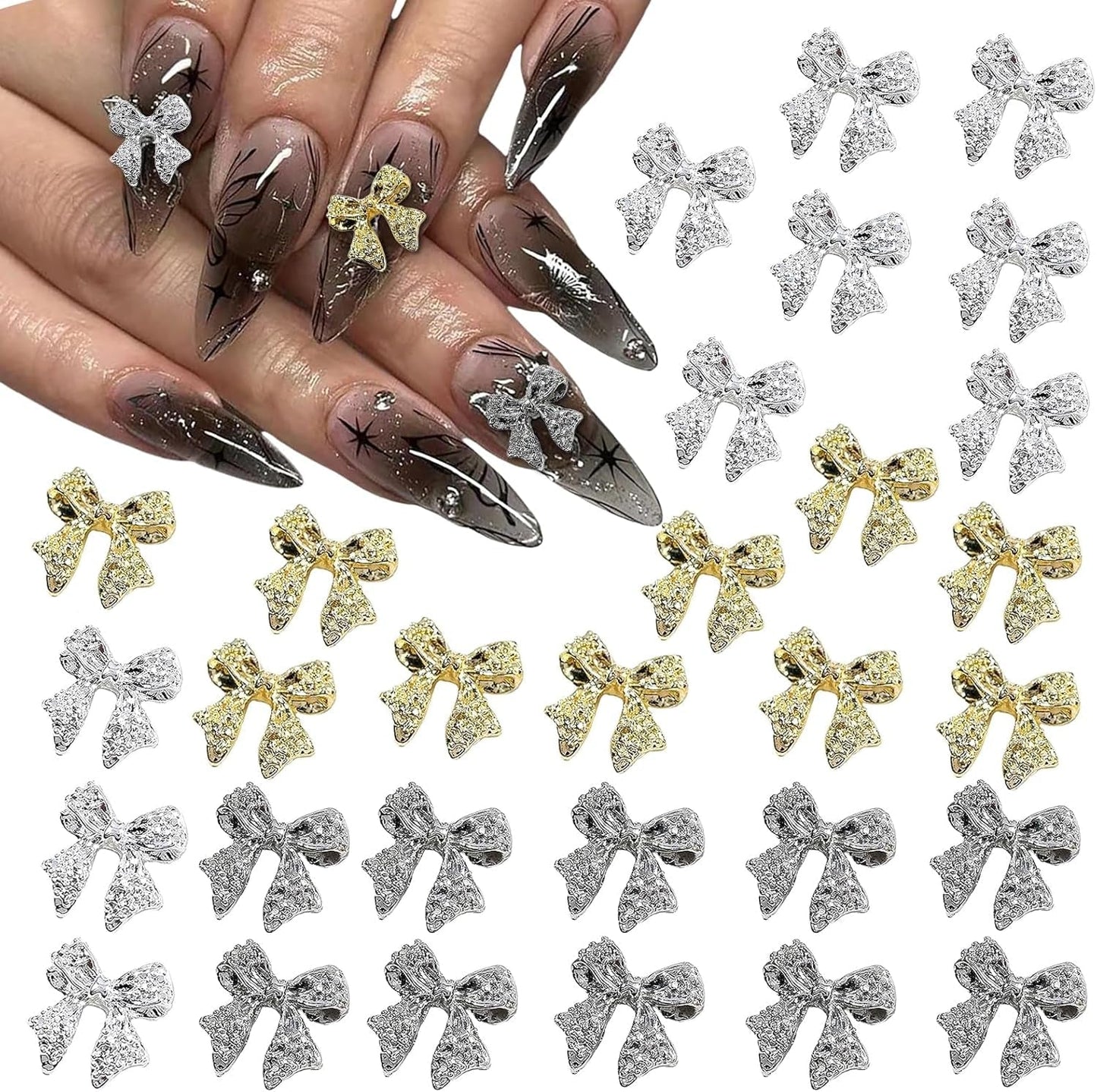 30 fiocchi per unghie in metallo, fiocchi color oro argento grigio, accessori per unghie, decorazioni per unghie per donne e ragazze, design per nail art