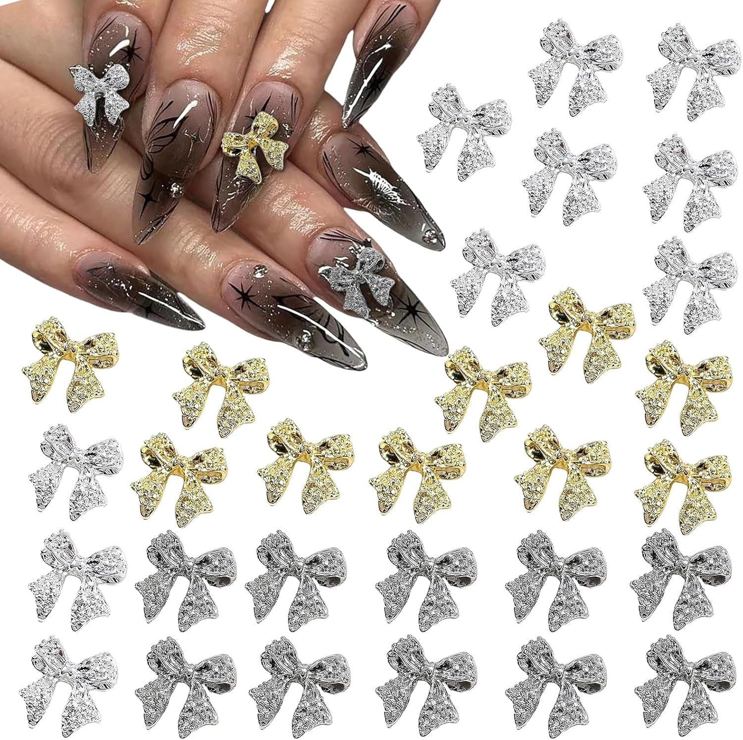 30 fiocchi per unghie in metallo, fiocchi color oro argento grigio, accessori per unghie, decorazioni per unghie per donne e ragazze, design per nail art