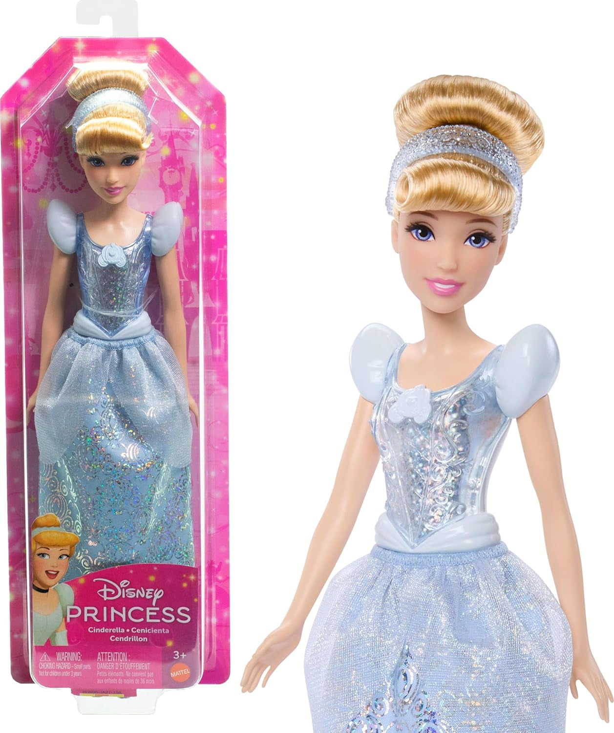 Mattel DISNEY Principessa Cenerentola - Bambola articolata con abito scintillante, scarpe e tiara staccabili, capelli pettinati per uno styling divertente, per bambini dai 3 anni in su, HLW06