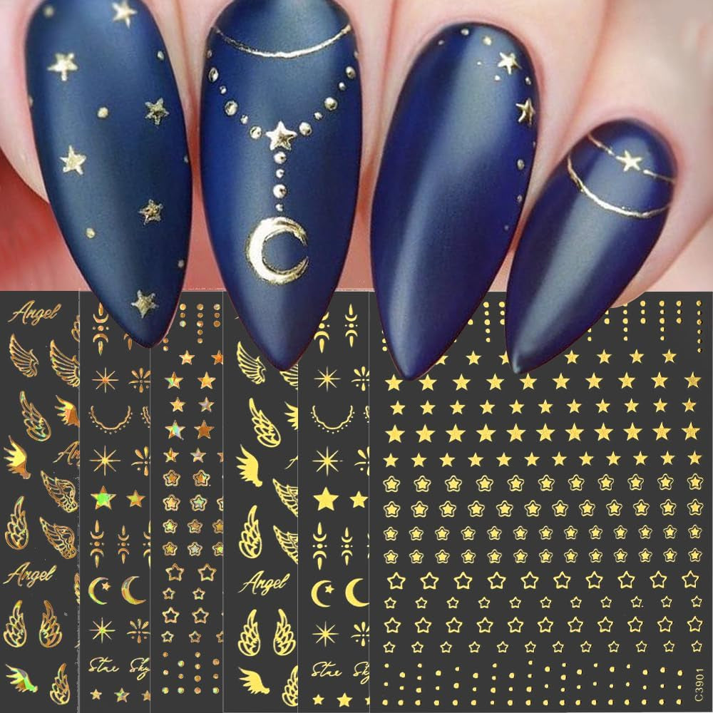 Fogli di adesivi per unghie con stella d'oro e luna, ali d'angelo, adesivi per unghie in oro marrone chiaro, stelle, lamina per unghie, adesivi per unghie, accessori per il design delle unghie, adesivi per unghie