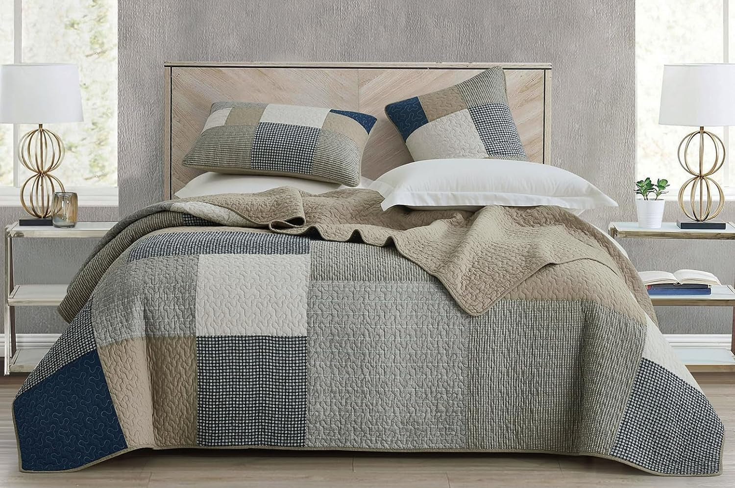 Collezione Chezmoi Addy Set trapunta patchwork Cotone prelavato Leggero Reversibile Per tutte le stagioni Oversize 3 pezzi Blu marino Bianco Grigio Talpa Trapunte e trapunte scozzesi Naty Shop
