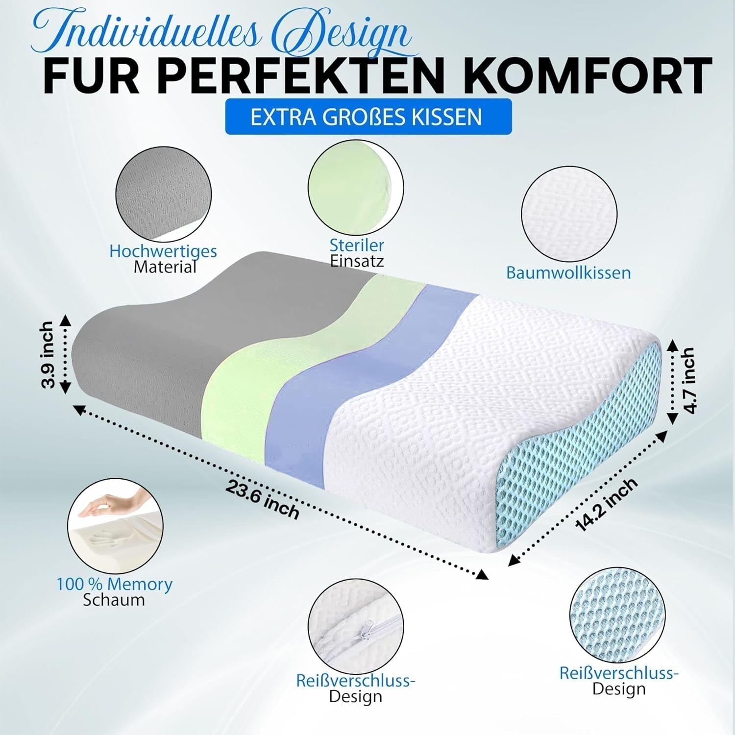 Cuscino ortopedico per supporto collo in memory foam - Cuscino ergonomico, cuscino antirussamento per chi dorme sul fianco, sulla pancia e sulla schiena, cuscino, 60 cm x 40 cm x 12 cm Cuscini ortopedici cervicali Naty Shop