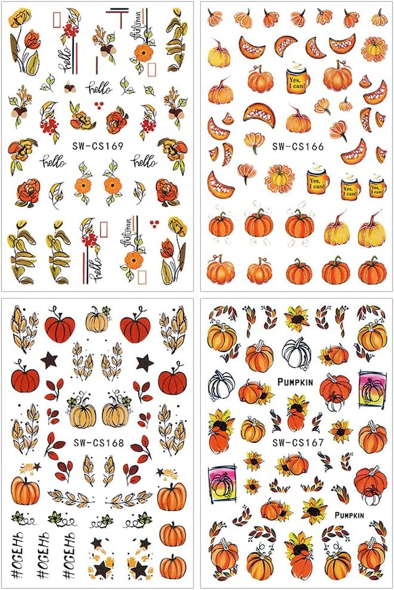 Adesivi per unghie autunnali 3D Adesivi per unghie foglie di zucca Linea geometrica Fiori Adesivi per unghie Design del Giorno del Ringraziamento Adesivi per unghie Autunno Zucca per unghie Accessori per unghie Nail Art