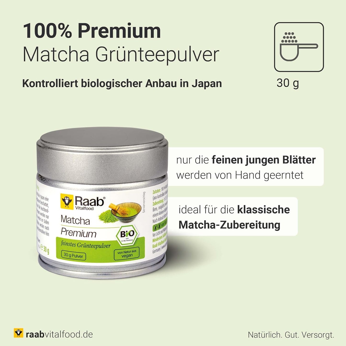 Raab Vitalfood® Premium Bio Matcha in polvere (30g) - Originale dal Giappone, polvere di matcha pura senza additivi, macinata finemente, gusto leggermente amaro, polvere di tè verde, vegano, cerimonia del tè