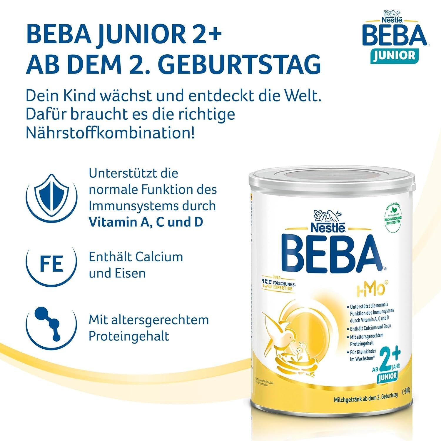 BEBA Junior 2+ bevanda a base di latte a partire da 2 anni, Con HMO, Contenuto proteico adatto all'età, Solo lattosio, Senza olio di palma, Senza olio di pesce, Alimenti per bambini, Latte in polvere per bambini, Confezione da 3 (3 x 800 g)