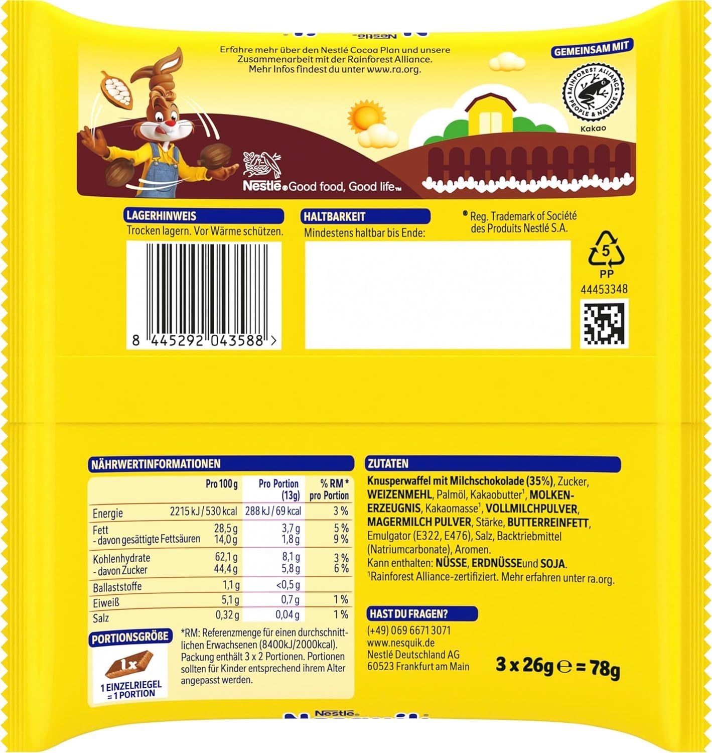 Nestlé Crunchy Waffle Delicious Barretta di waffle al cioccolato al latte Confezione multipla 1 confezione (3x26 g ciascuno)