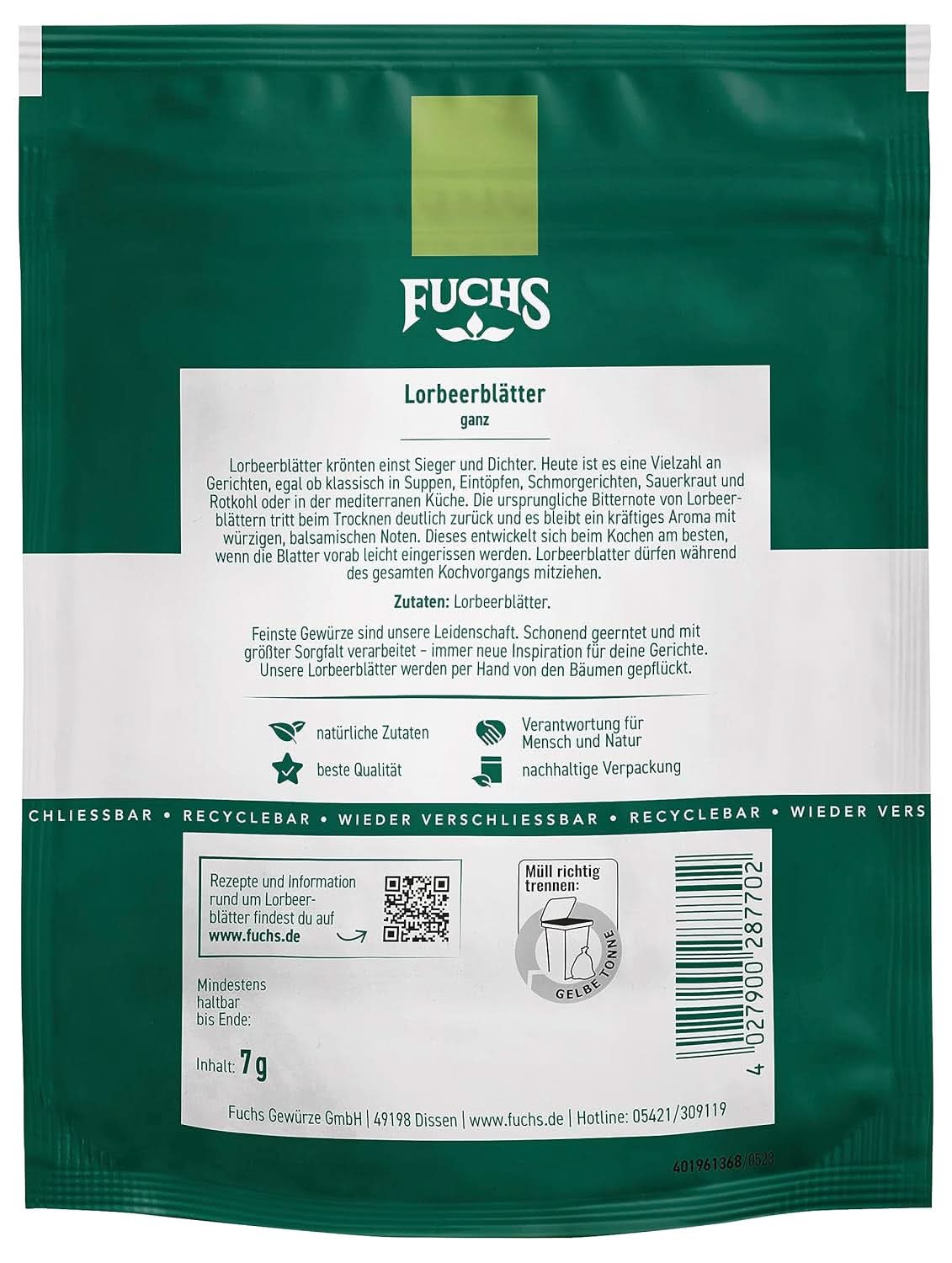 Fuchs - Foglie di alloro in sacchetto richiudibile e riciclabile - a base di ingredienti naturali - 7 grammi Condiments Naty Shop