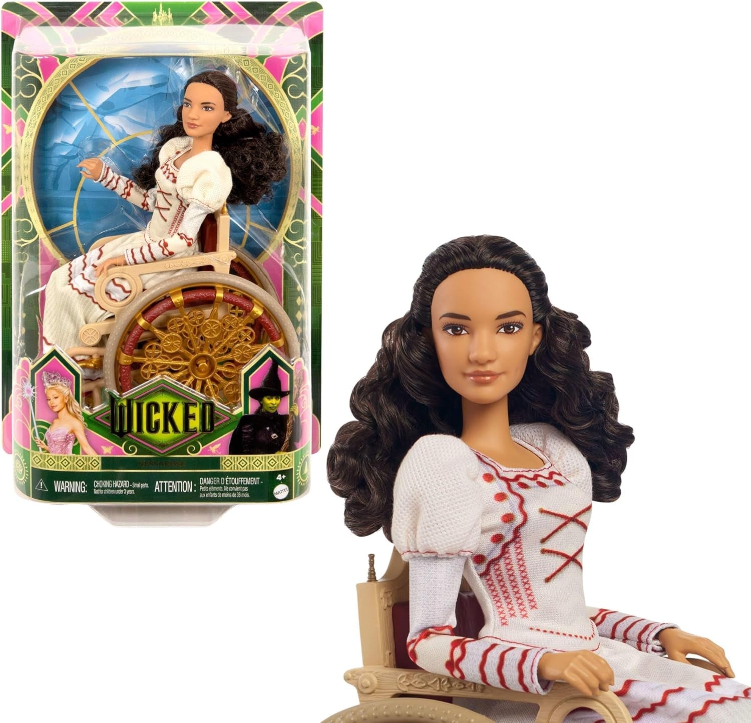 Mattel Wicked Nessarose Fashion Doll e accessori, inclusa sedia a rotelle, con capelli castani ricci, varie pose e abito da ballo staccabile, HXY36