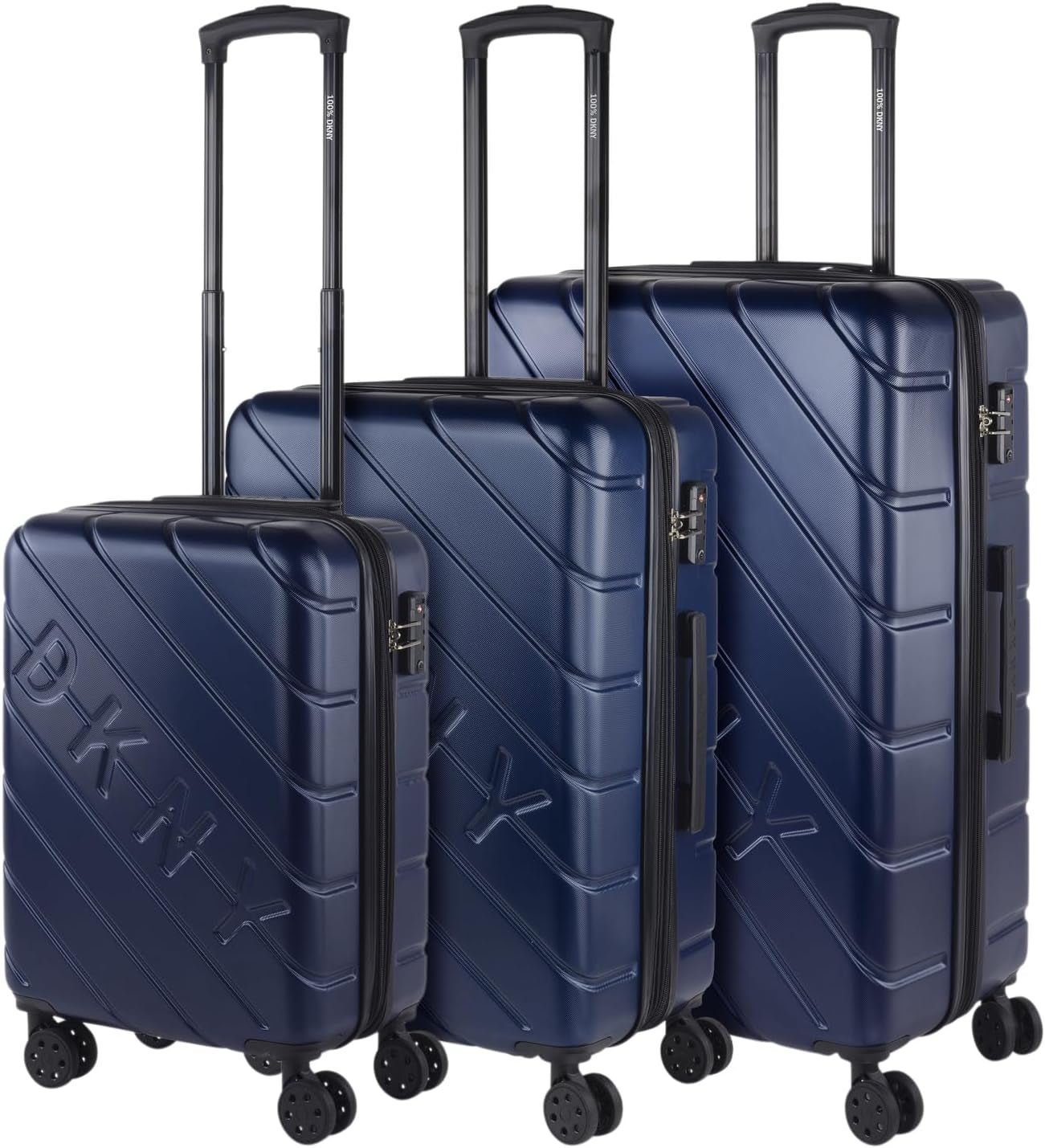 DKNY - Valigia grande a 4 ruote Valigia grande leggera - Valigia da viaggio grande con ruote. Valigia grande da viaggio per aereo Valigia rigida con chiusura certificata - Valigia grande per trolley Argento Naty Shop Bagagli e attrezzatura da viaggio Blu navy S + M + L