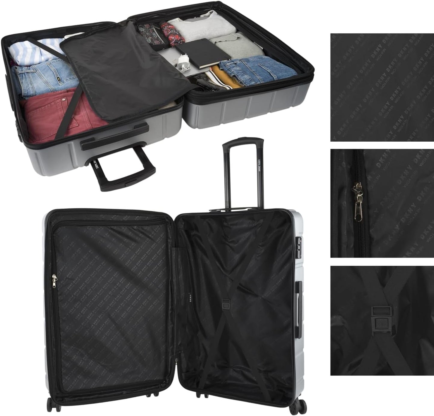 DKNY - Valigia grande a 4 ruote Valigia grande leggera - Valigia da viaggio grande con ruote. Valigia grande da viaggio per aereo Valigia rigida con chiusura certificata - Valigia grande per trolley Argento Bagagli e attrezzatura da viaggio Naty Shop
