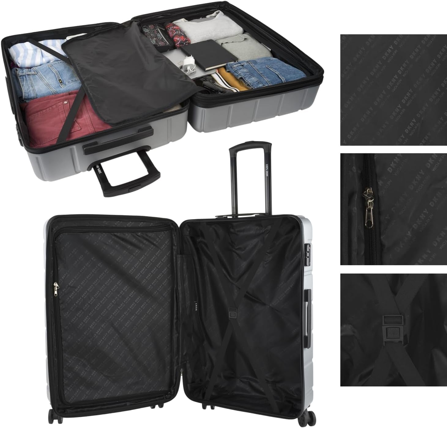 DKNY - Valigia grande a 4 ruote Valigia grande leggera - Valigia da viaggio grande con ruote. Valigia grande da viaggio per aereo Valigia rigida con chiusura certificata - Valigia grande per trolley Argento Bagagli e attrezzatura da viaggio Naty Shop
