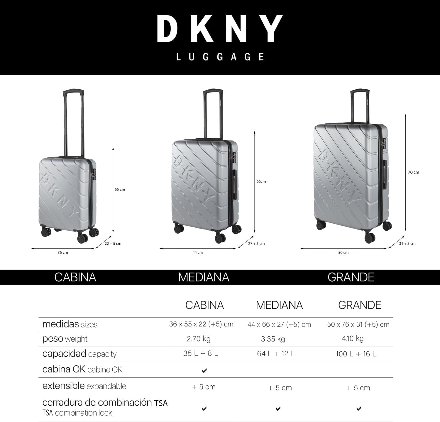 DKNY - Valigia grande a 4 ruote Valigia grande leggera - Valigia da viaggio grande con ruote. Valigia grande da viaggio per aereo Valigia rigida con chiusura certificata - Valigia grande per trolley Argento Bagagli e attrezzatura da viaggio Naty Shop