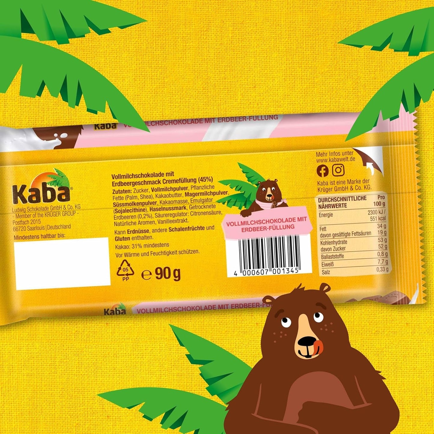 Cioccolato al latte Kaba con crema alla fragola, barretta di cioccolato ripiena, barretta da 90 g, cioccolato che si scioglie in bocca con crema fruttata alla fragola e gusto originale Kaba (confezione da 2)