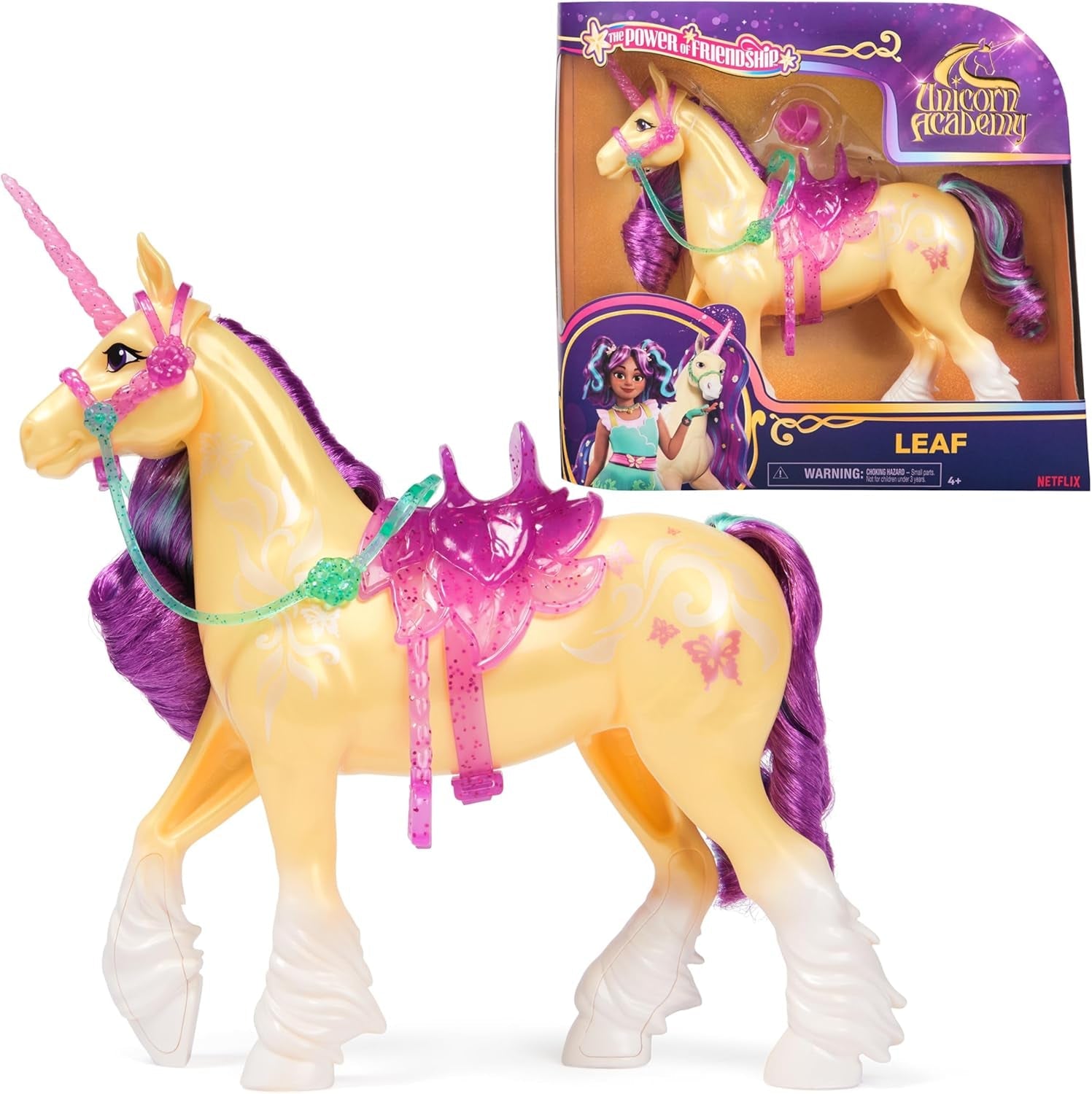 Unicorn Leaf Unicorn Academy - Unicorno originale Ava alto 28 cm della serie Netflix con vera criniera e coda, briglie, sella e spazzola rimovibili, per bambini dai 4 anni in su