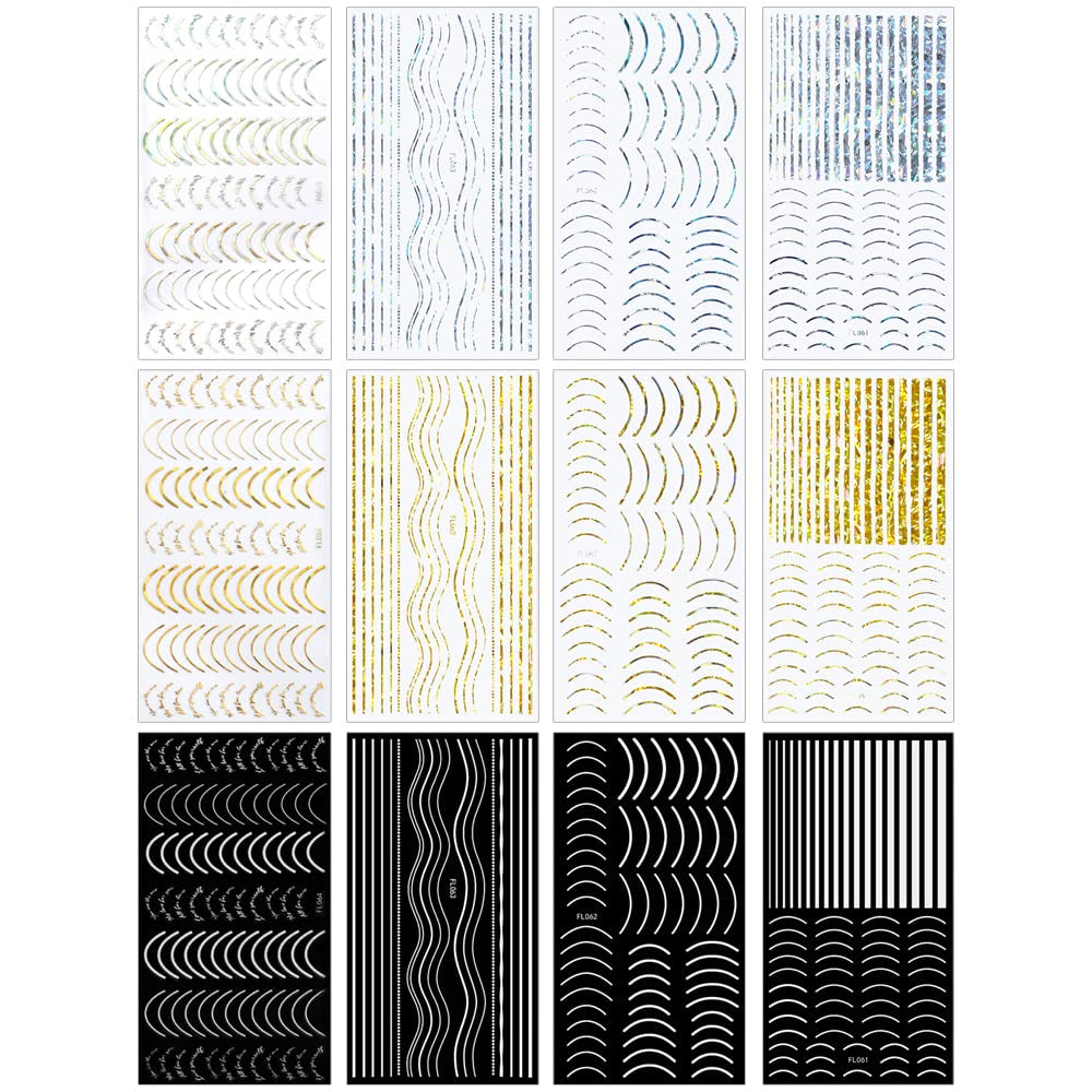 12 fogli Linee glitterate laser Adesivi per unghie autoadesivi Adesivi olografici Strisce di bronzo Adesivi per unghie Linea francese Fiocchi curvi Linee ondulate Adesivi per unghie Accessori per nail art