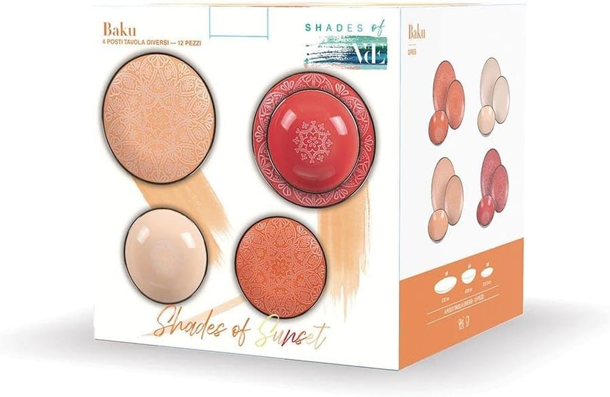 Set di stoviglie in gres da 12 pezzi, 4 set di piatti in 4 modelli diversi, Baku Sunset