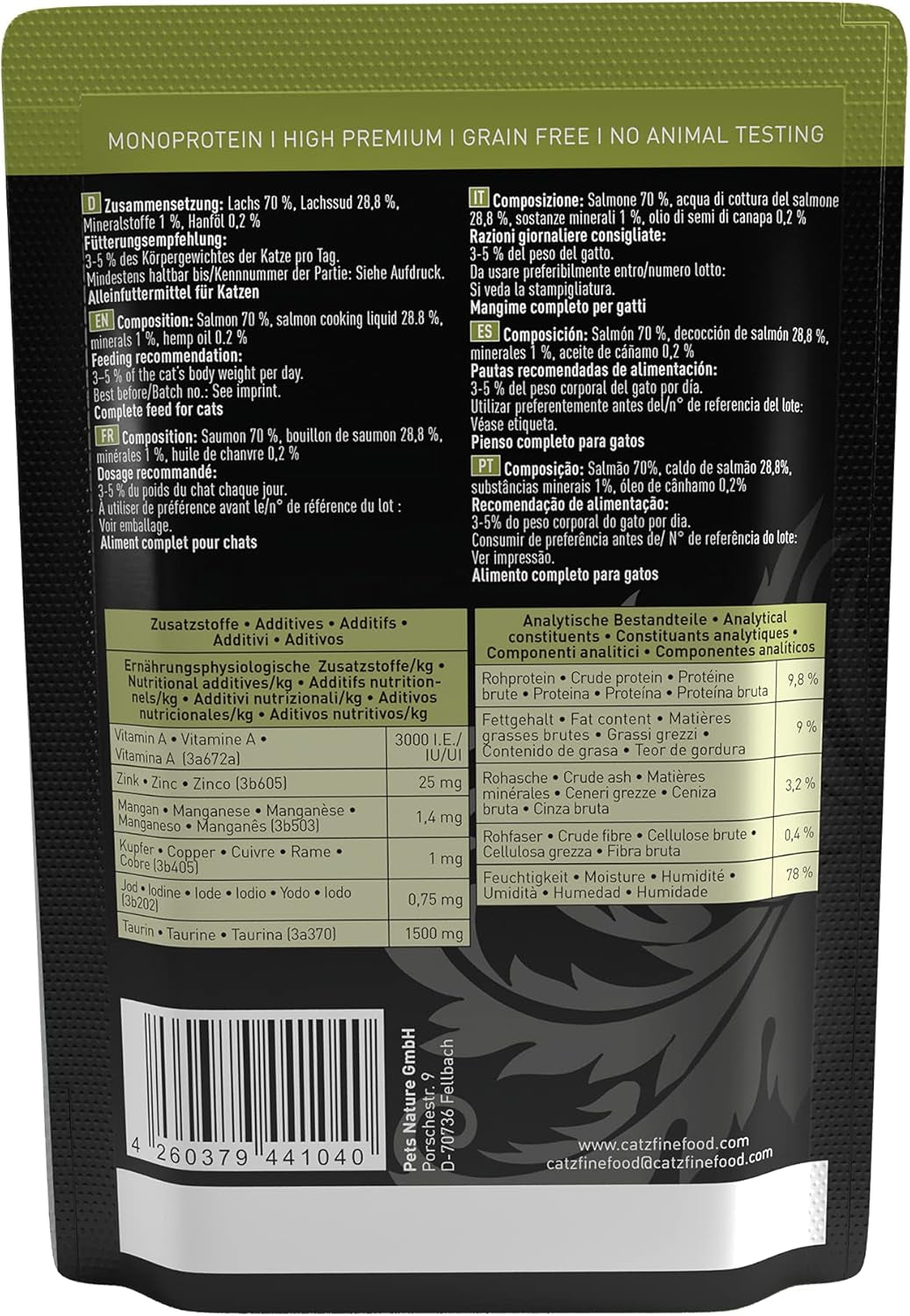 Cibo umido per gatti Catz Finefood Purrrr con monoproteine ​​e salmone n. 105, per gatti con digestione sensibile, 16 x 80 g