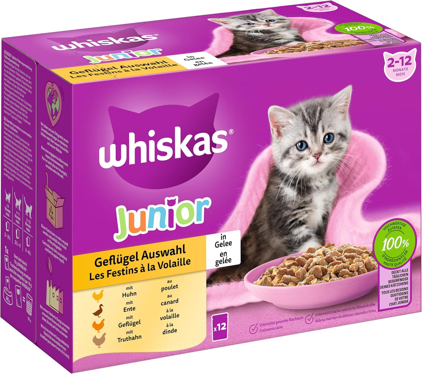 WHISKAS Junior Bustine di Alimenti Umidi, Confezione Multipla, Selezione di Carne di Pollame in Gelatina, 12 x 85g