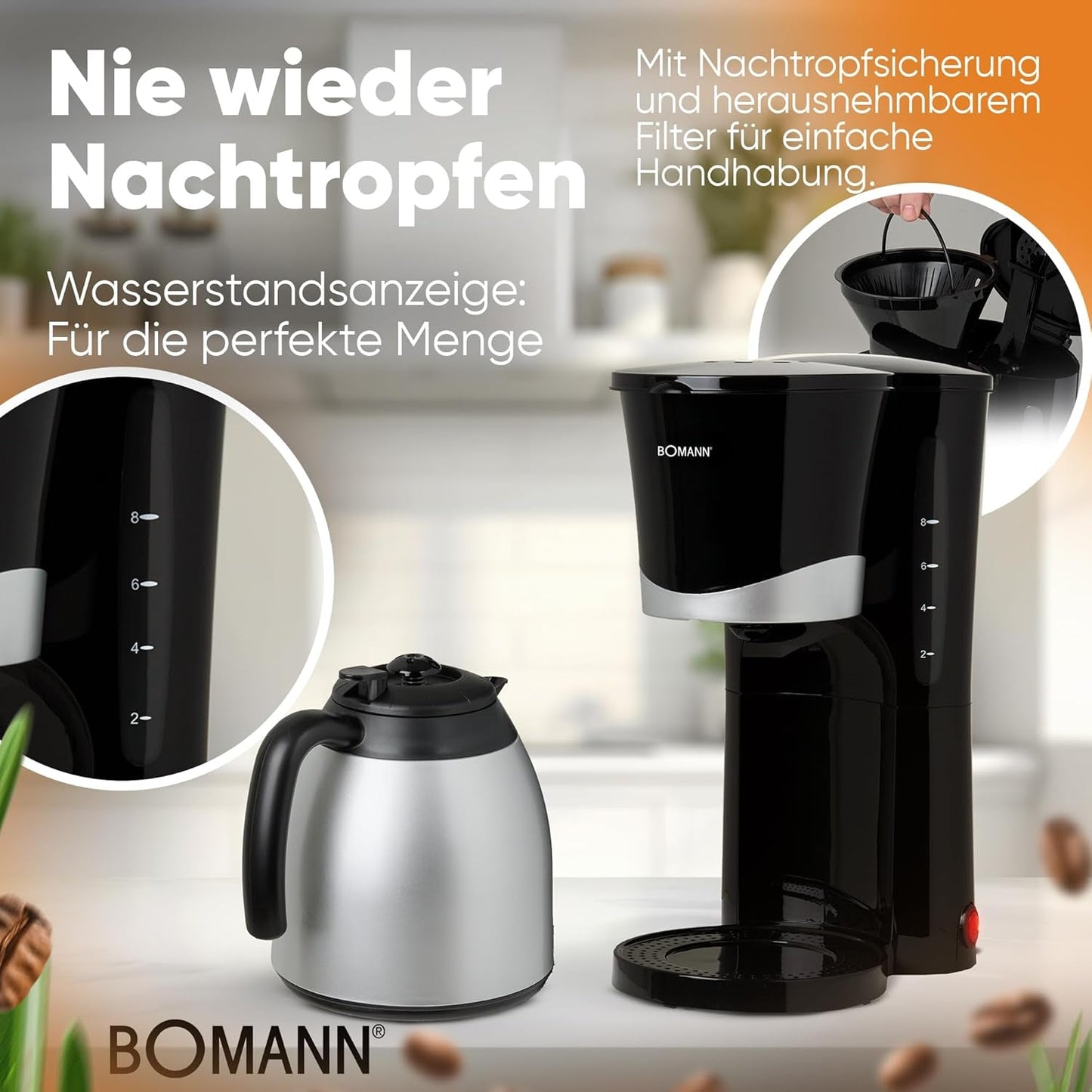 Caffettiera Bomann® con thermos | per 8-10 tazze di caffè | senza perdita di temperatura | caffettiera con filtro | 1 litro | Espresso | Caffettiera a filtro con thermos | KA168 nero