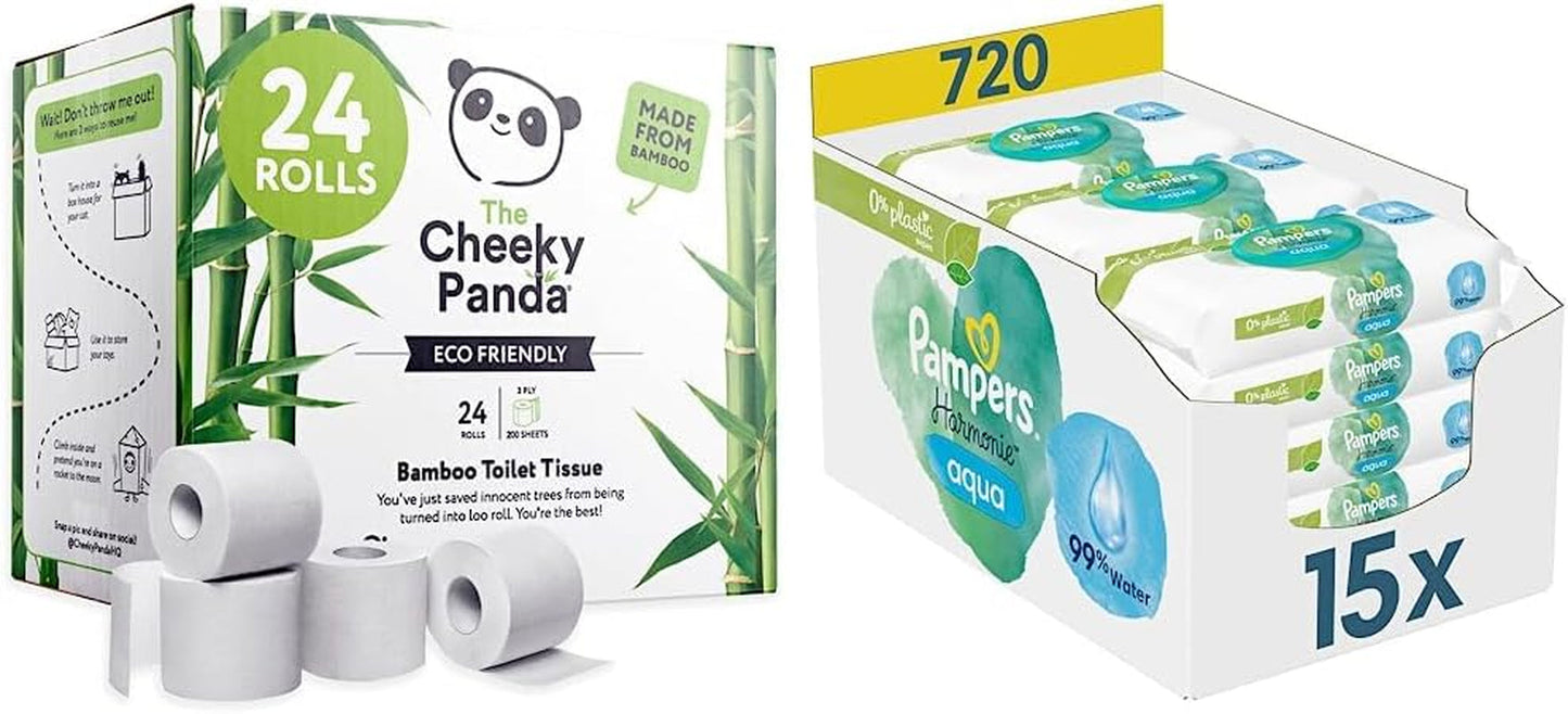 Acquista all'ingrosso Cheeky Panda rotoli di carta igienica in bambù e scatola di salviette umidificate Pampers Harmony Aqua Baby, 720 salviette (15 x 48), protezione delicata per la pelle con il 99% di acqua
