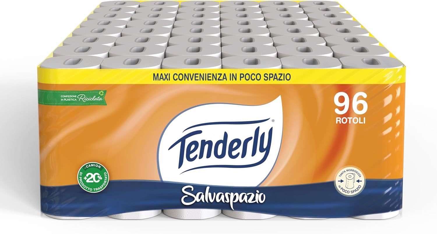 Salvaspazio, 96 rotoli di carta igienica, 2 veli, 220 strappi per rotolo, Con estratti naturali di malva e calendula, Made in Italy, Dermatologicamente testata.