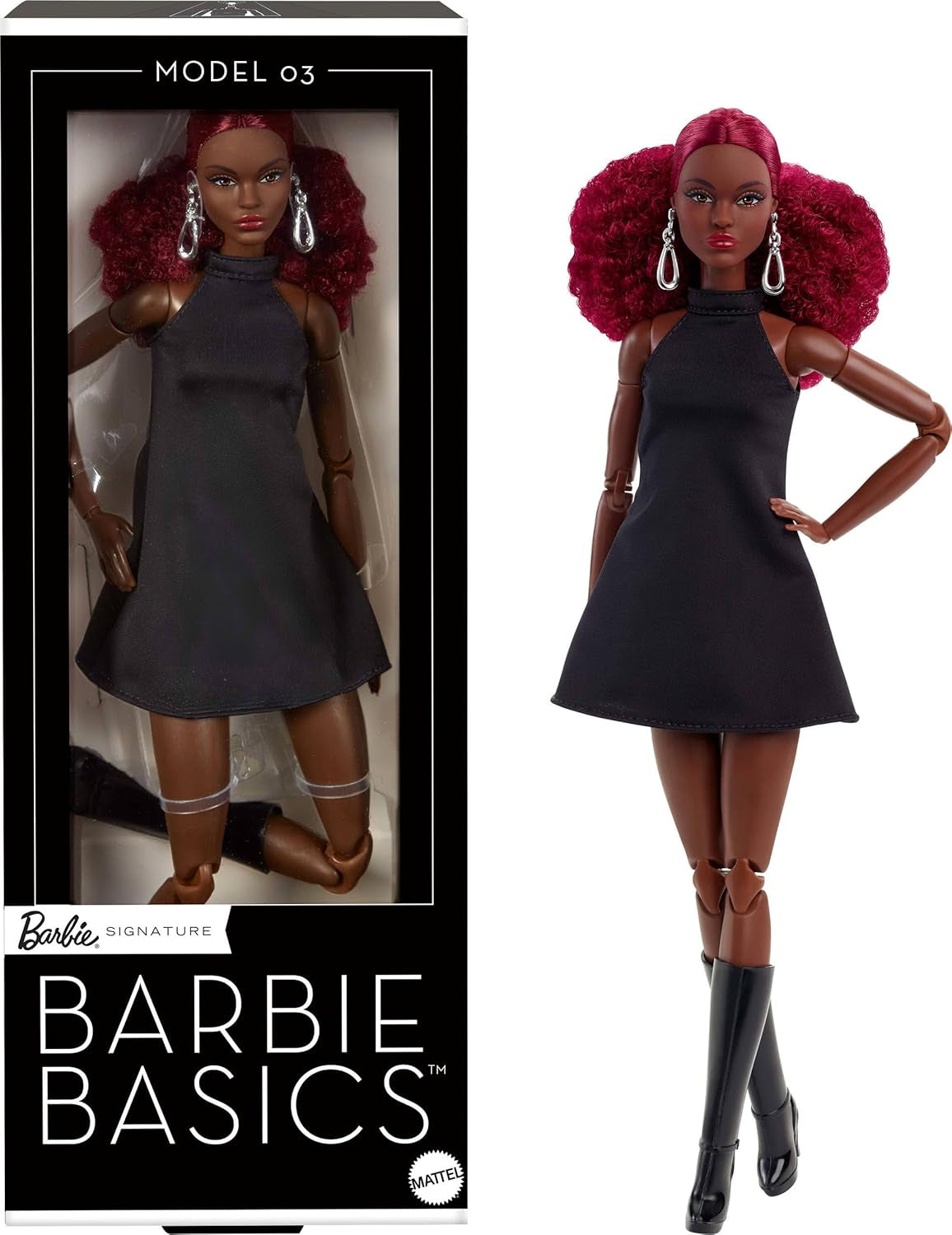 Barbie Basics Model 3 bambola da collezione con riccioli rossi, miniabito nero e stivali, taglia unica per tutti i gusti, corpo grande articolato e testa intercambiabile, JBH75