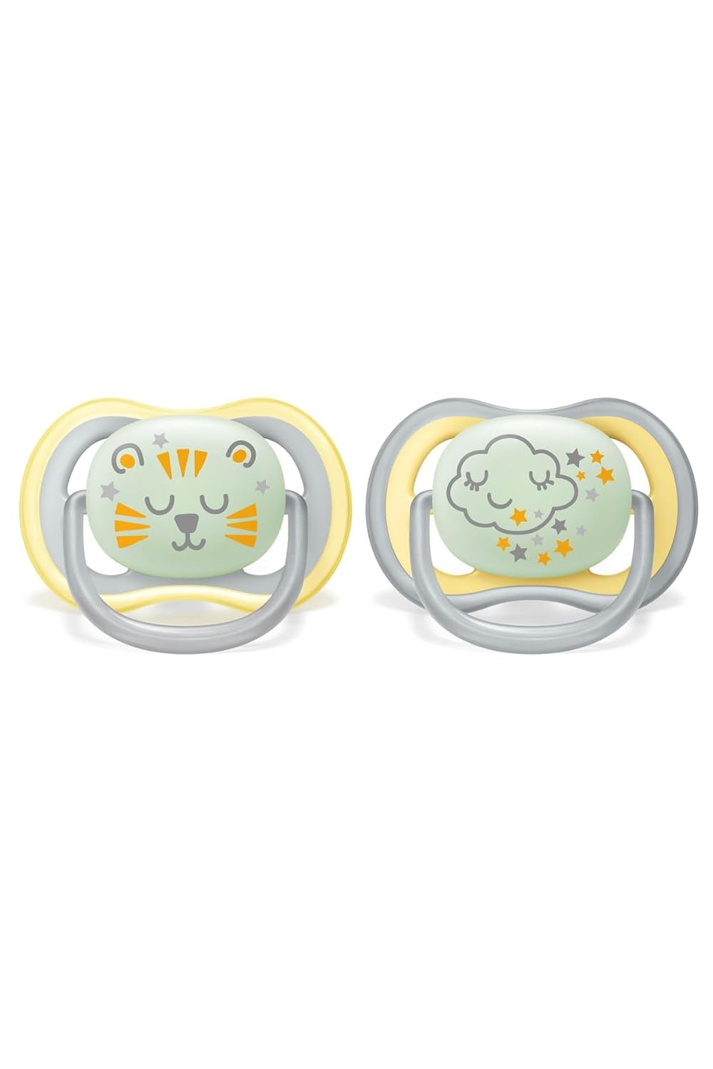 Philips AVENT Ciuccio notturno Ultra Air per bambini dai 18 mesi in su Si illumina al buio, confezione doppia Nuvola/Tigre (modello SCF376/01)