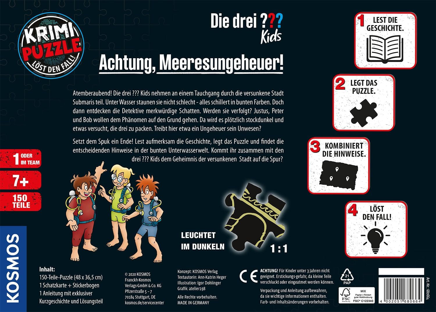 Die Drei??? Bambini - Puzzle del crimine - Attenzione, mostro marino Da KOSMOS 680664, 150 pezzi, Si illumina al buio, Lettura, enigmi, soluzione di enigmi, puzzle da detective per bambini dai 7 anni in su Puzzle Naty Shop