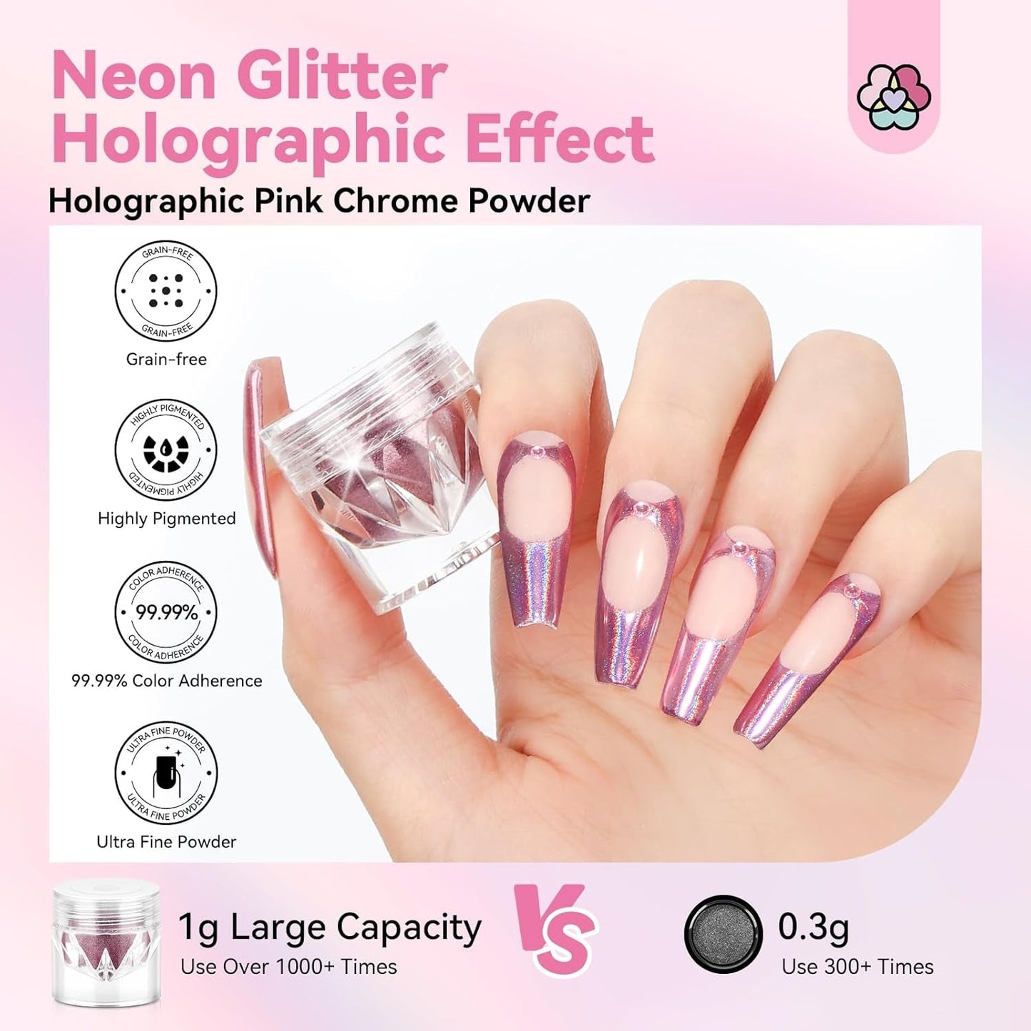 Saviland Set di polveri per unghie cromate - Polvere per unghie cromata laser rosa Effetto specchio Laser Nail Art, Polvere decorativa per manicure con glitter per unghie con bastoncini di spugna, Polvere glitter per unghie Salone per unghie