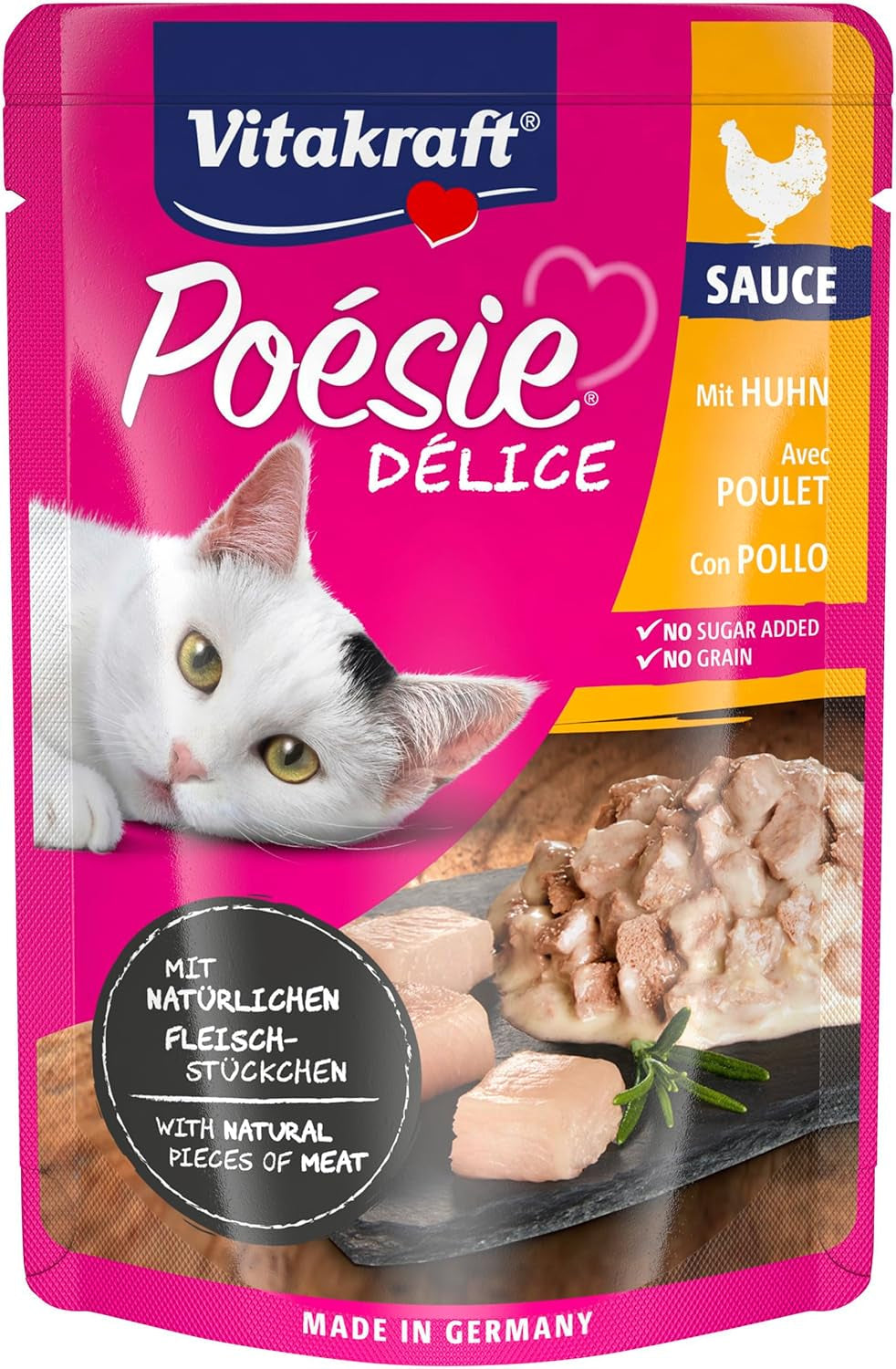 Vitakraft Poésie Délice, Nassfutter Katze, Katzennassfutter in salsa, con pollo, Vorratspackung, ohne Zusatz von Zucker und Getreide (23x 85g)