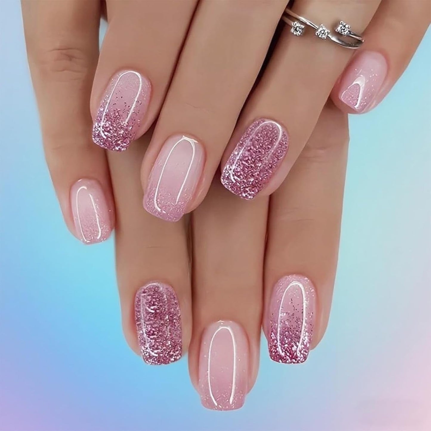 Set unghie finte adesive - Unghie finte francesi - 24 pezzi Design quadrato corto Unghie artificiali con sfumatura rosa bianca e manicure con ballerina (Short Pink Gradient)