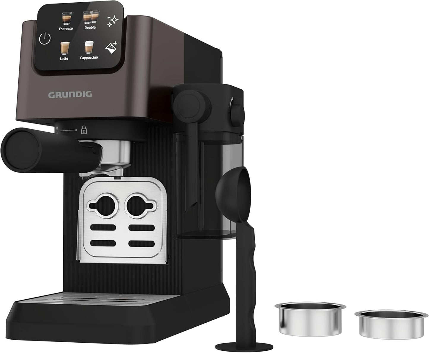 Macchina per caffè espresso portafiltro GRUNDIG KSM 5330 con contenitore del latte integrato, potenza 1628 W, pressione della pompa 15 bar, doppio ugello, display touch a colori, BrewSense, CreamyPro, Acciaio inossidabile scuro/Nero